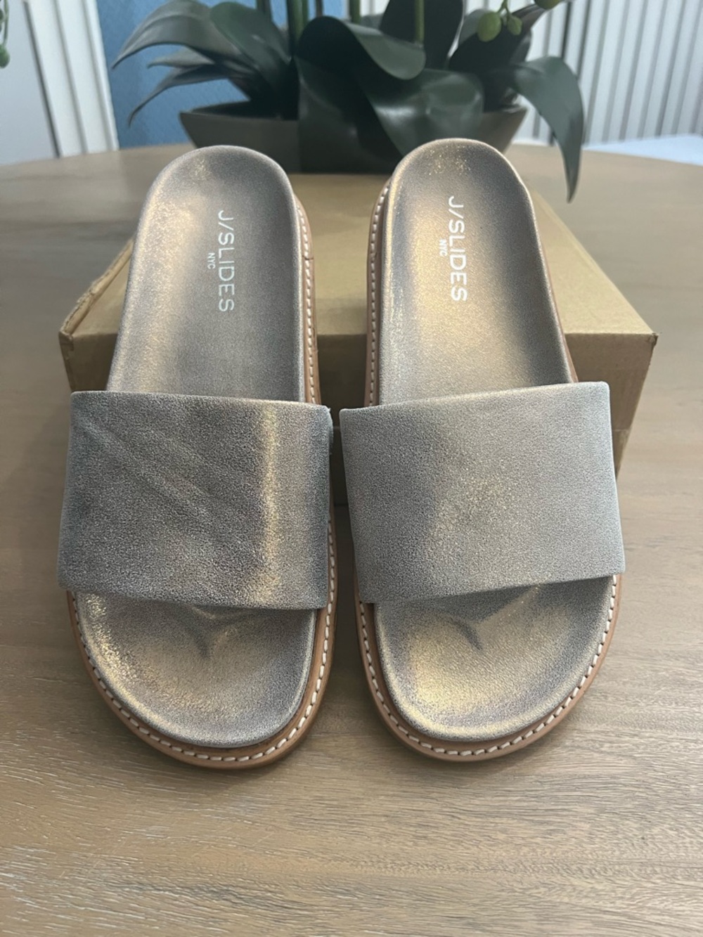 J/SLIDES Gray Metallic Slide Sandals